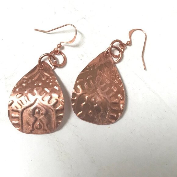 Tear Drop Baroque Embossed Solid Copper Earrings - Picture 5 of 6